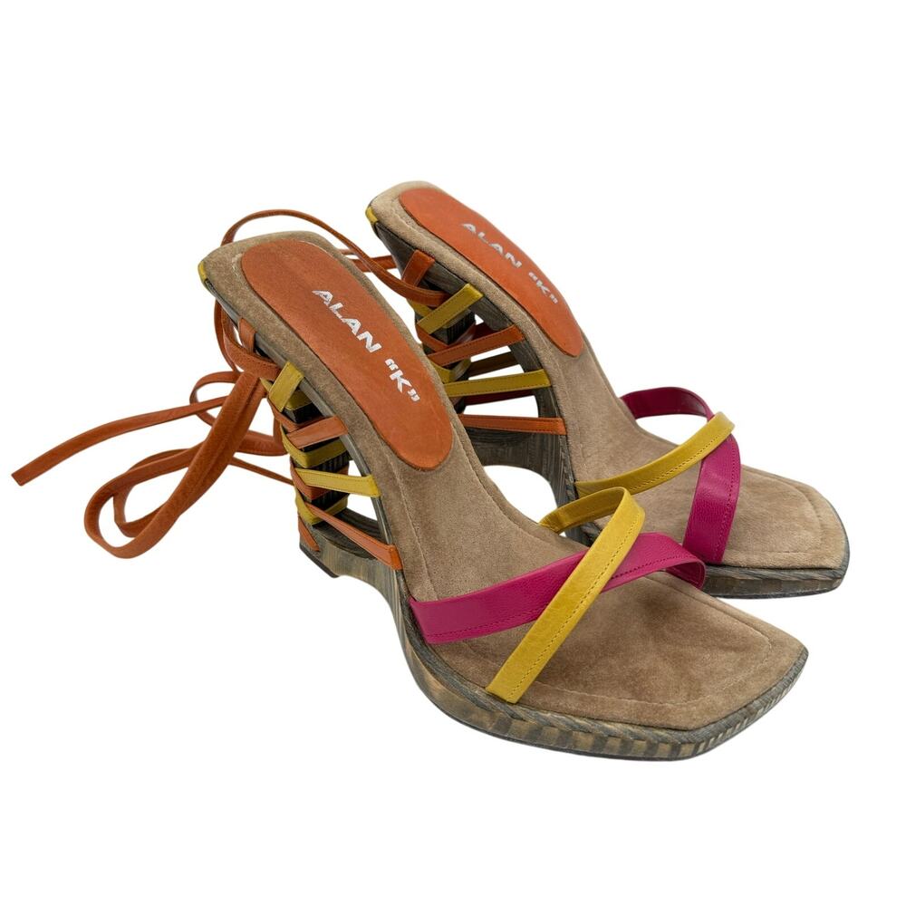 Alan K Colorblock Leather Lace Up Heeled Wood Sandals Y2K Hand Made USA Size 8